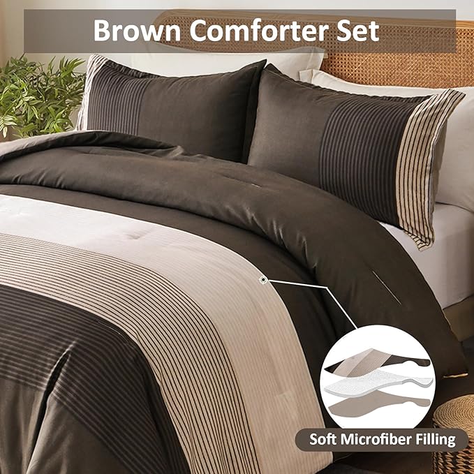 Brown Comforter Set Queen, Reversible Brown Striped Down Alternative Comforter for Queen Bed,3 Pieces (1 Comforter+2 Pillowcases), Soft Microfiber Bedding Duvet Set 90"×90" - LeafyLoom