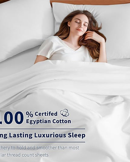Shilucheng 100% Cotton Sheets Set - 600 Thread Count，Luxury Egyptian Cotton Bed Sheets，5-Star Hotel Quality Sheets, Breathable & Cooling, 16 Inch Deep Pocket - 4 Piece (White, Full) - LeafyLoom