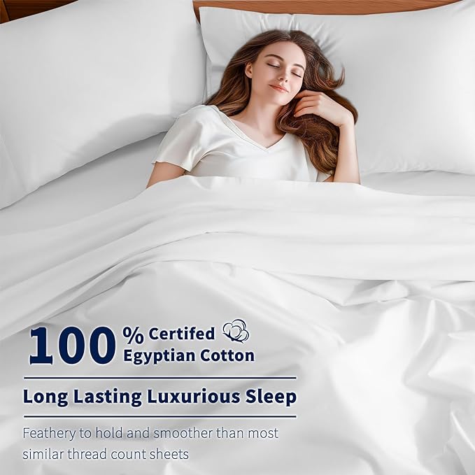 Shilucheng 100% Cotton Sheets Set - 600 Thread Count，Luxury Egyptian Cotton Bed Sheets，5-Star Hotel Quality Sheets, Breathable & Cooling, 16 Inch Deep Pocket - 4 Piece (White, California King) - LeafyLoom