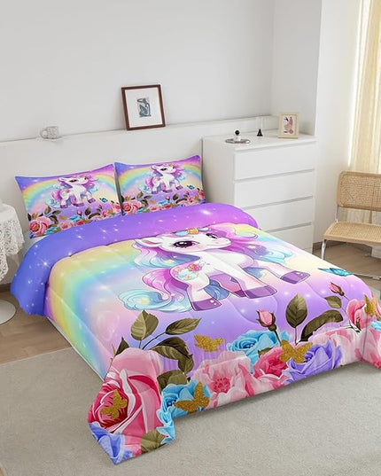 Cute Unicorn Kids Comforter Set King Size,Rainbow Starry Sky Roses Dreamy Bedding Set,Girls Women Room Decor,Cartoon Animals Flowers Down Comforter,Pink Purple Unique Duvet Insert,2 Pillowcases - LeafyLoom
