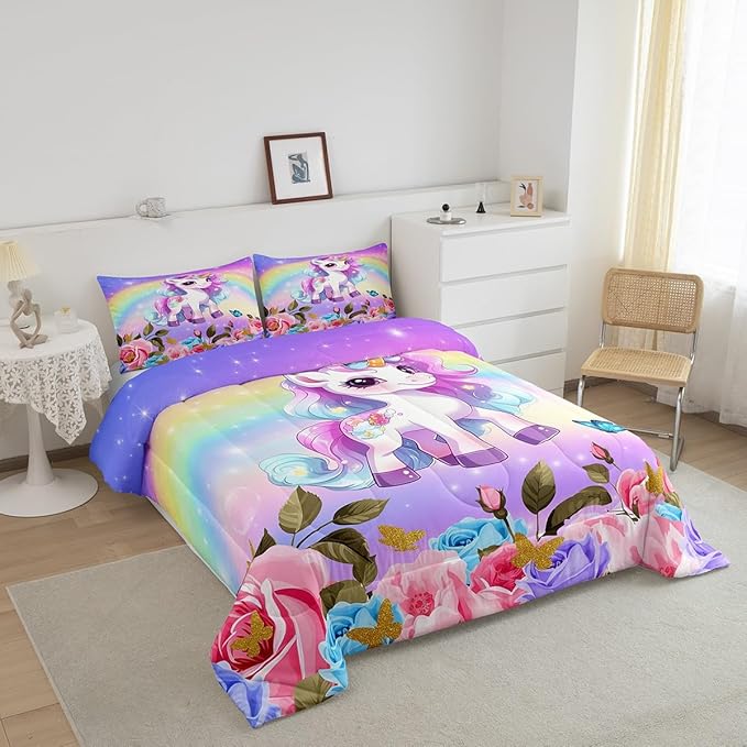 Manfei Cute Unicorn Kids Comforter Set Twin Size,Rainbow Starry Sky Roses Dreamy Bedding Set,Girls Women Room Decor,Cartoon Animals Flowers Down Comforter,Pink Purple Unique Duvet Insert,1 Pillowcase - LeafyLoom
