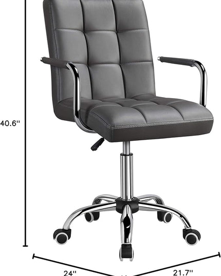 Yaheetech Mid Back Desk Chair, PU Leather Office Task Chair with Armrests/Large Seat, Adjustable Chair with Wheels, Grey - LeafyLoom