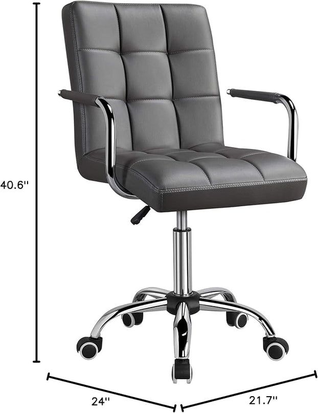 Yaheetech Mid Back Desk Chair, PU Leather Office Task Chair with Armrests/Large Seat, Adjustable Chair with Wheels, Grey - LeafyLoom