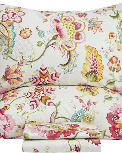QSH Floral Bed Sheets Set - Queen Size Boho Lotus Print Bed Sheet Set - Extra Soft and Breathable 100% Egyptian Cotton - Farmhouse Bedding - 4 pcs Deep Pockets Flower Bed Sheets - LeafyLoom