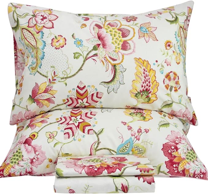 QSH Floral Bed Sheets Set - Queen Size Boho Lotus Print Bed Sheet Set - Extra Soft and Breathable 100% Egyptian Cotton - Farmhouse Bedding - 4 pcs Deep Pockets Flower Bed Sheets - LeafyLoom