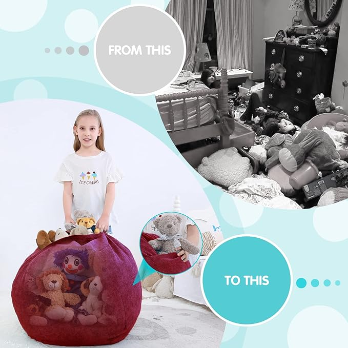 Stuffed Animal Storage Bean Bag Chair Cover (No Beans) for Kids and Adults.Soft Premium Corduroy Stuffable Beanbag for Organizing Children Plush Toys or Memory Foam Small 100L (WineRed) - LeafyLoom