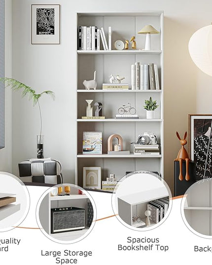 5-Tier Bookshelf, Wood Display Storage Shelves 67.3" Tall Bookcase Open Bookshelf for Home Office, Living Room and Bedroom,White - LeafyLoom