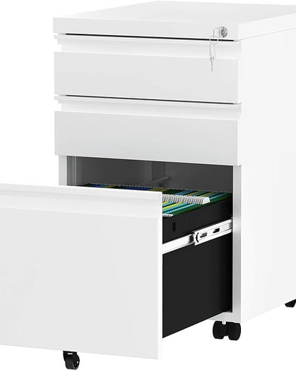 YITAHOME 3-Drawer Mobile File Cabinet with Lock, Office Storage Filing Cabinet for Legal/Letter Size, Pre-Assembled Metal File Cabinet Except Wheels Under Desk -White - LeafyLoom