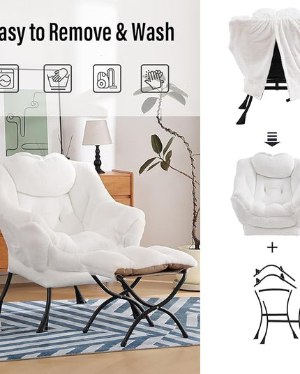 Lazy Chair with Ottoman, Modern Chair with Folding Footrest, Lounge Accent Chair, Comfortable Reading Chair (Plush White) - LeafyLoom