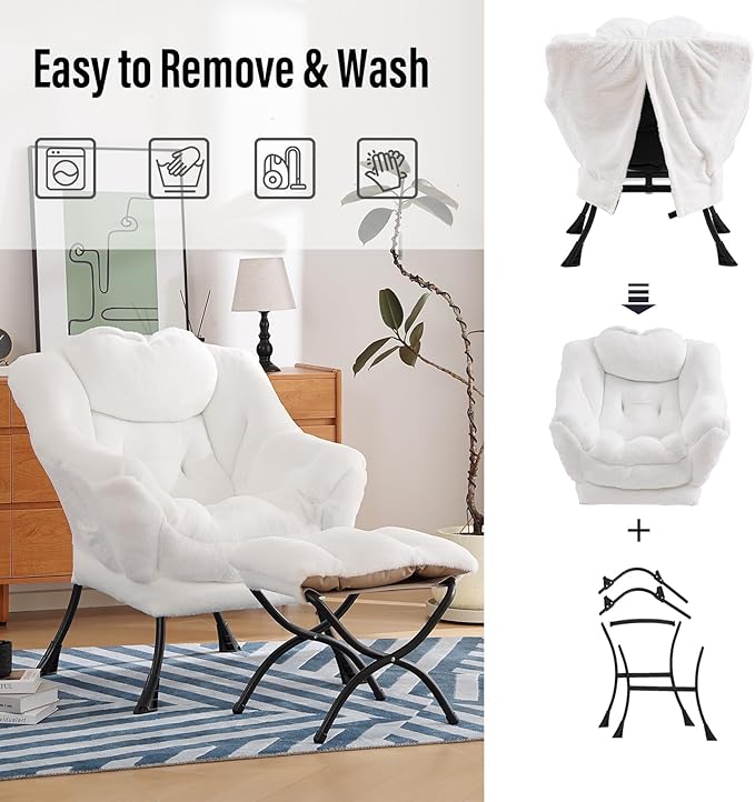 Lazy Chair with Ottoman, Modern Chair with Folding Footrest, Lounge Accent Chair, Comfortable Reading Chair (Plush White) - LeafyLoom