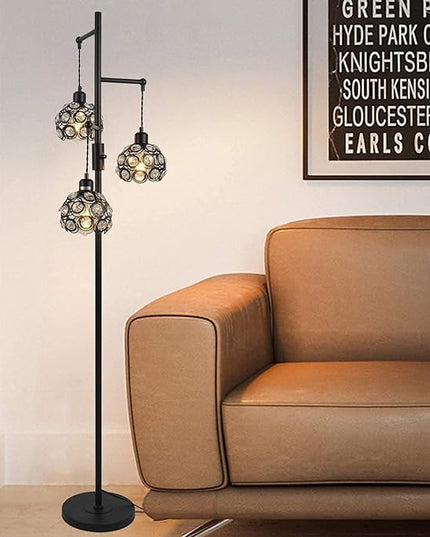 Dimmable Crystal Floor Lamp, Industrial Farmhouse Lamps for Living Room, 3-Light Black Standing Lamp Bedroom, Modern with 3 Lampshades, Rustic Tall Tree 64inch, E26 - LeafyLoom