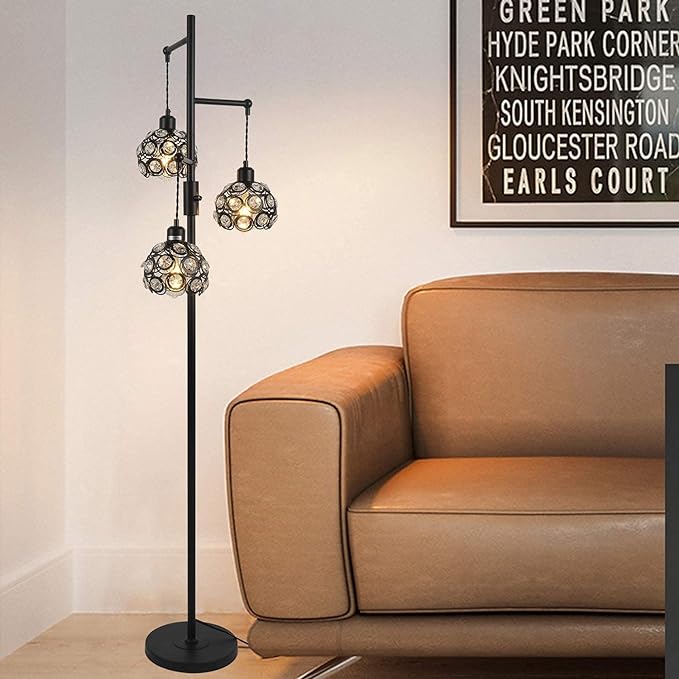 Dimmable Crystal Floor Lamp, Industrial Farmhouse Lamps for Living Room, 3-Light Black Standing Lamp Bedroom, Modern with 3 Lampshades, Rustic Tall Tree 64inch, E26 - LeafyLoom
