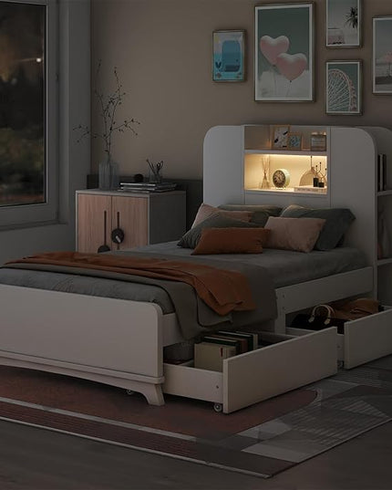 Merax Twin Bed Frame with Shelves and Storage Drawers Underneath,White Twin Size Platform Bed with Headboard and Light - LeafyLoom