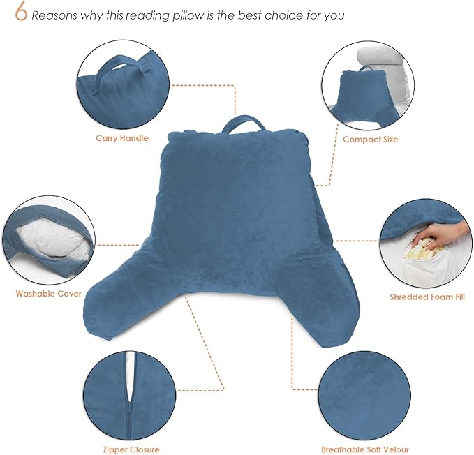 Clara Clark Reading Pillow, Standard Back Pillow for Sitting Up in Bed, Memory Foam Back Support Pillow, Reading Pillows for Sitting in Bed, Blue Heaven Sit Up Pillow for Bed, Arm Pillow with Pockets - LeafyLoom
