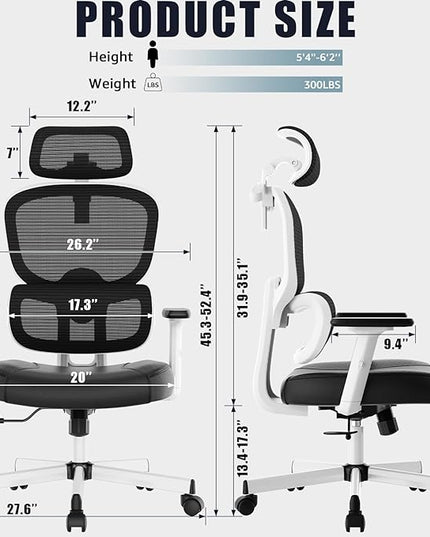 Office Chair, Ergonomic Desk Chair, High Back Desk Chair, Big and Tall Reclining Comfy Home Office Chair with Lumbar Support Breathable Mesh Computer Chair Adjustable Armrests - LeafyLoom