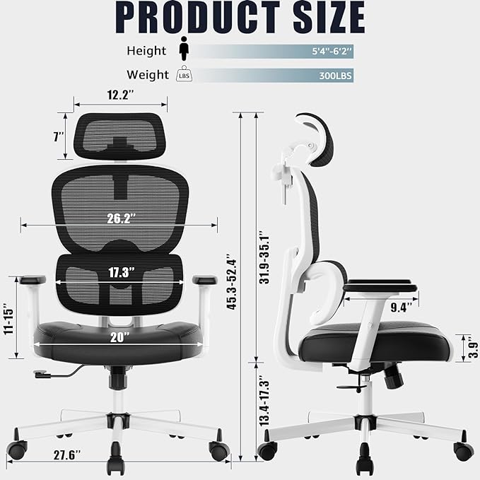 Office Chair, Ergonomic Desk Chair, High Back Desk Chair, Big and Tall Reclining Comfy Home Office Chair with Lumbar Support Breathable Mesh Computer Chair Adjustable Armrests - LeafyLoom