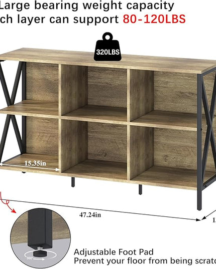 Horizontal Bookshelf Bookcase,6 Cube Storage Organizer with Open Shelf,47 Inch Industrial Low Wide Wood and Metal Cubby shelf,Long shelving unit for Home Office Living Room(Rustic Oak,6 Cube) - LeafyLoom