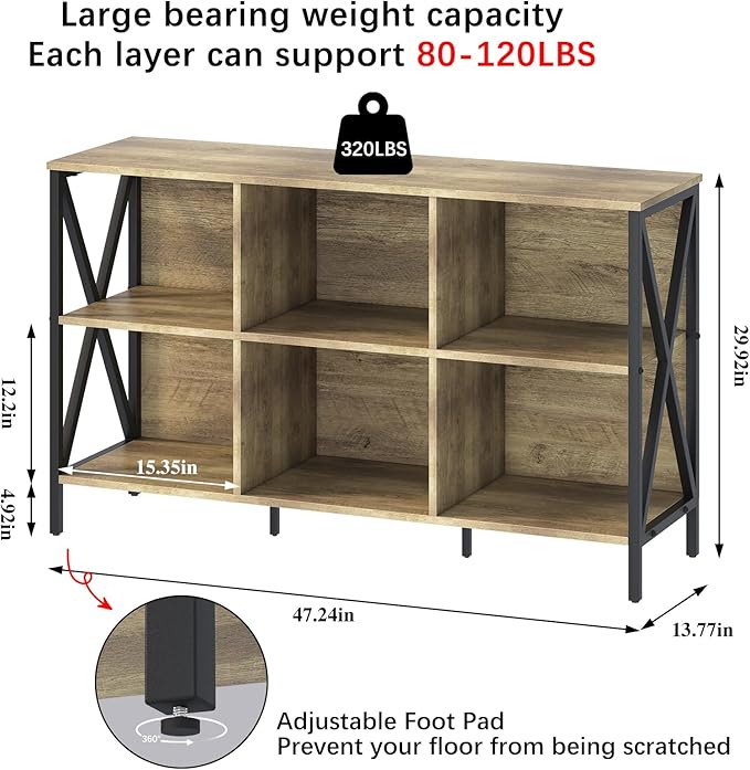 Horizontal Bookshelf Bookcase,6 Cube Storage Organizer with Open Shelf,47 Inch Industrial Low Wide Wood and Metal Cubby shelf,Long shelving unit for Home Office Living Room(Rustic Oak,6 Cube) - LeafyLoom
