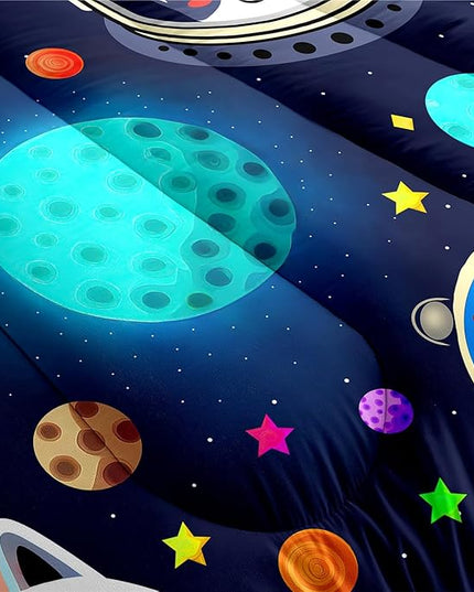 Dog Pattern Comforter Set - 3Pcs Cartoon Universe Dogs Theme Bedding Set for Boys Girls Kids Bedroom Kawaii Animal Pets Bedspreads Cover with 2 Pillowcases for All Season, Queen Size - LeafyLoom