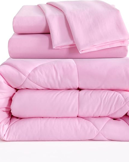 NTBAY Twin Comforter Set with Sheets, 5 Pieces Soft and Breathable Twin Bedding Set, Twin Bed in a Bag, Down Alternative Comforter Set Solid Color All Season, Kids Bedding Set, Pink - LeafyLoom