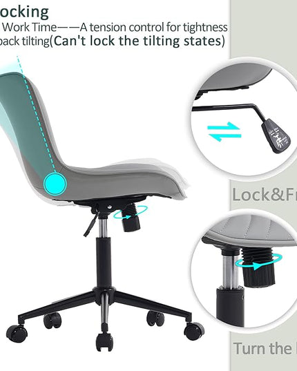 YOUTASTE Office Chair Modern Armless Desk Chair, Height Adjustable Swivel Rocking Computer Task Chair, Faux Leather Sewing Chair with Wheels, Stylish Lounge Vanity Chair,Grey - LeafyLoom