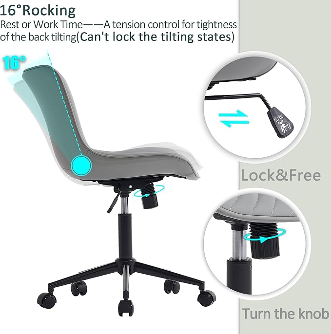 YOUTASTE Office Chair Modern Armless Desk Chair, Height Adjustable Swivel Rocking Computer Task Chair, Faux Leather Sewing Chair with Wheels, Stylish Lounge Vanity Chair,Grey - LeafyLoom