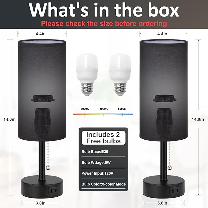 Black Bedside Table Lamps Set of 2-3 Color Temperatures Pull Chain Lamp with AC Outlet Charging Port, Two Round Night Stand Lamps for Bedroom Office, Small Bed Side Light with E26 LED Bulbs - LeafyLoom