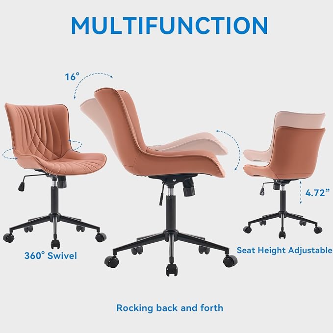 YOUNIKE Office Chair, Armless Desk Chair with Wheels, Home Office Computer Task Chairs, Modern Faux Leather Upholstered Vanity Chair, Adjustable Swivel Rocking Office Chair with Back, Pink - LeafyLoom