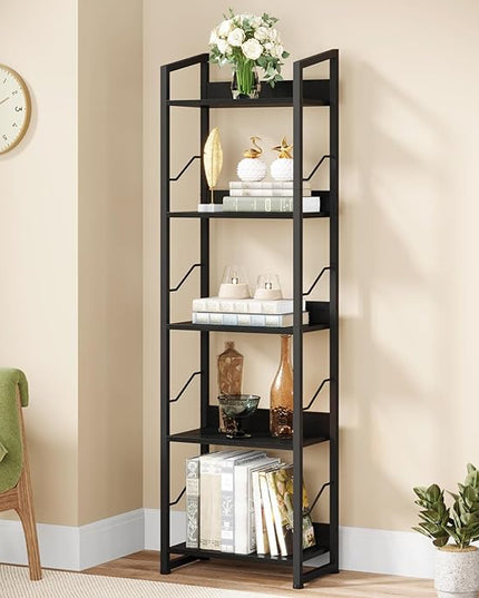 5 Tier Narrow Bookshelf: Tall Bookcase Book Shelf for Bedroom, Industrial Modern Bookshelves for Small Spaces (Black) - LeafyLoom