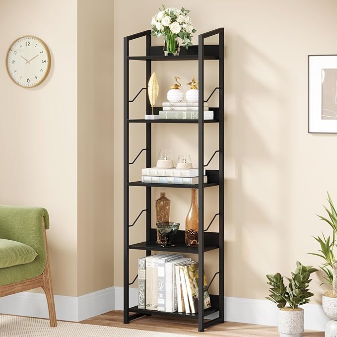 5 Tier Narrow Bookshelf: Tall Bookcase Book Shelf for Bedroom, Industrial Modern Bookshelves for Small Spaces (Black) - LeafyLoom