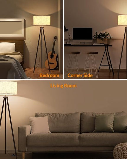 LEPOWER Wood Tripod Floor Lamp, Mid Century Standing Lamp for Living Room, Flaxen Lamp Shade, Modern Design Standing Lamp with E26 Lamp Base, Tall Floor Lamp for Bedroom, Study Room and Office Walnut - LeafyLoom