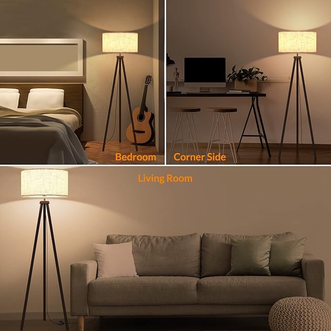 LEPOWER Wood Tripod Floor Lamp, Mid Century Standing Lamp for Living Room, Flaxen Lamp Shade, Modern Design Standing Lamp with E26 Lamp Base, Tall Floor Lamp for Bedroom, Study Room and Office Walnut - LeafyLoom