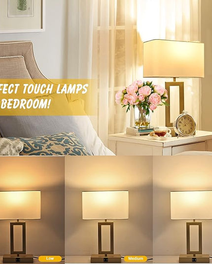 Set of 2 Table Lamps with Dual USB Ports,Touch Control for Bedside and Nightstand in Bedroom, 3-Way Dimmable Modern for Desk, Living Room, Office, LED Bulbs Included, Gold&White - LeafyLoom