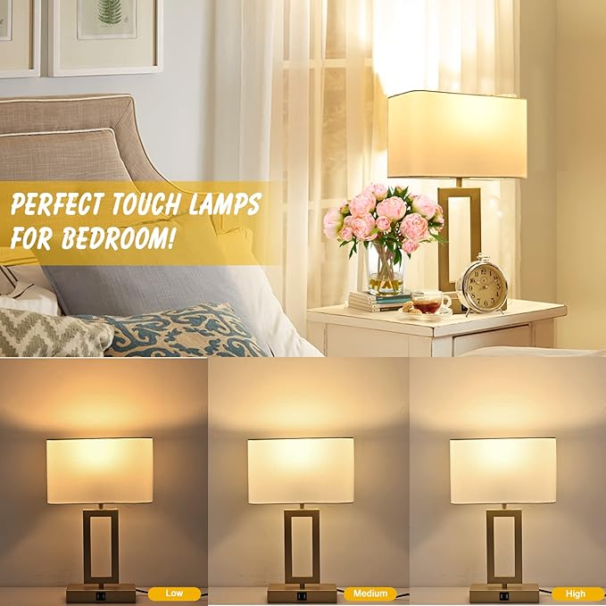 Set of 2 Table Lamps with Dual USB Ports,Touch Control for Bedside and Nightstand in Bedroom, 3-Way Dimmable Modern for Desk, Living Room, Office, LED Bulbs Included, Gold&White - LeafyLoom