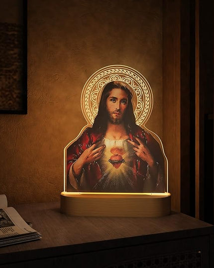 Catholic Gifts for Women, Sacred Heart of Jesus Picture Religious Gifts with Warm Yellow Light for Home Decor, Christian Inspirations Godly Blessed Birthday Gifts for Mother Grandma Men Lady - LeafyLoom