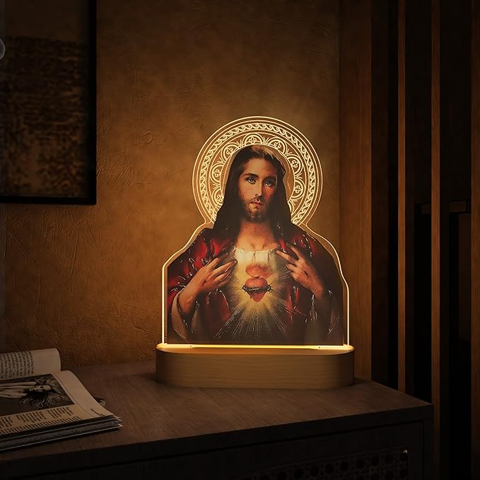 Catholic Gifts for Women, Sacred Heart of Jesus Picture Religious Gifts with Warm Yellow Light for Home Decor, Christian Inspirations Godly Blessed Birthday Gifts for Mother Grandma Men Lady - LeafyLoom