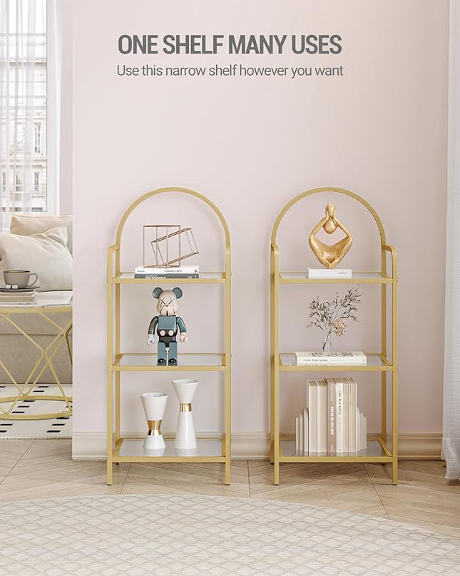 Bookcase Bookshelf, Tempered Glass Bookshelves, Slim Shelving Unit for Bedroom, Bathroom, Home Office, Steel Frame, 3 Tier Gold BC10301G - LeafyLoom
