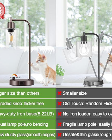 Brown Industrial Table Lamp with 2 USB Charging Ports, Fully Stepless Dimmable Modern Nightstand Lamp, Glass Shade Bedside Desk Lamp for Bedroom Living Room Office, 6W 2700K LED Edison Bulb Included - LeafyLoom