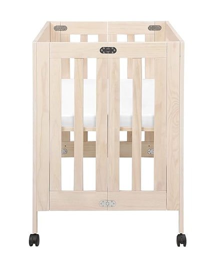 Babyletto Origami Mini Portable Crib Folding with Wheels in Washed Natural, 2 Adjustable Mattress Positions, Greenguard Gold Certified - LeafyLoom