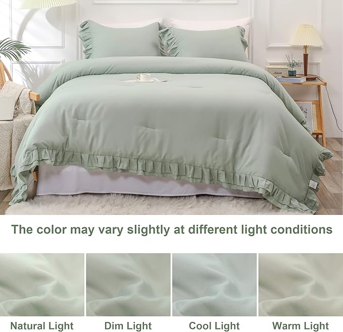 Sage Green Double Ruffle Comforter Set King Size (104x90 Inch), 3 Pcs Farmhouse Vintage Comforter Set (1 Ruffled Comforter and 2 Pillowcase), Rustic All Season Down Alternative Bedding Set - LeafyLoom