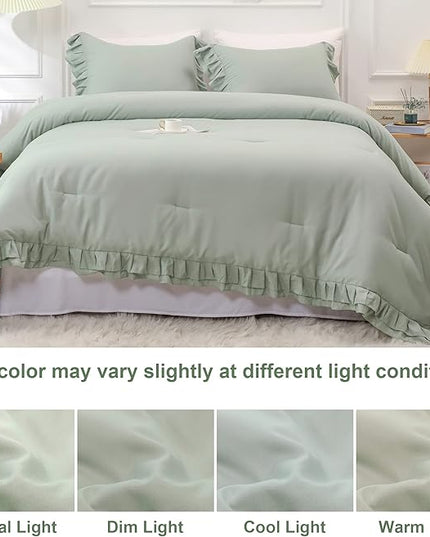 Sage Green Double Ruffle Comforter Set Full Size (79x90 Inch), 3 Pcs Farmhouse Vintage Comforter Set (1 Ruffled Comforter and 2 Pillowcase), Rustic All Season Down Alternative Bedding Set - LeafyLoom