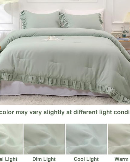 Sage Green Double Ruffle Comforter Set Twin Size (66x90 Inch), 2 Pcs Farmhouse Vintage Comforter Set (1 Ruffled Comforter and 1 Pillowcase), Rustic All Season Down Alternative Bedding Set - LeafyLoom