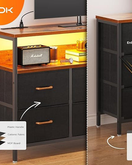 AODK Dresser with LED Lights and Power Outlet, 52-Inch Long Dresser TV Stand for Bedoom, Fabric TV Stand with 7 Large Storage Drawers and Shelves for Living Room, Vintage and Black - LeafyLoom