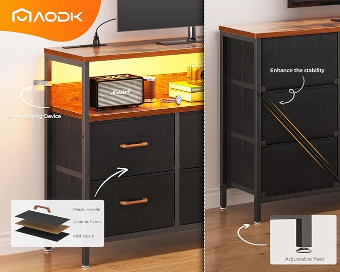 AODK Dresser with LED Lights and Power Outlet, 52-Inch Long Dresser TV Stand for Bedoom, Fabric TV Stand with 7 Large Storage Drawers and Shelves for Living Room, Vintage and Black - LeafyLoom