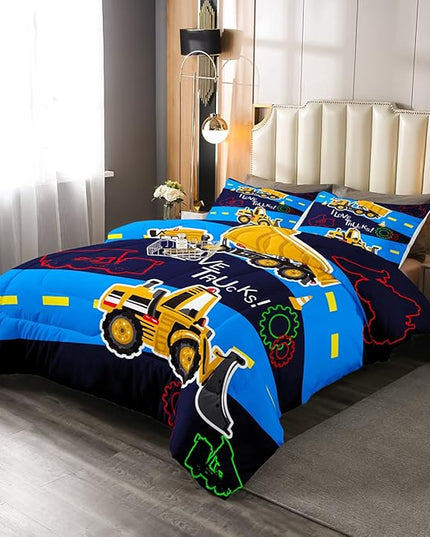 Truck Comforter Set Boys Full Down Comforter Kids Excavator Equipment Truck Bedding Set Construction Vehicle Quilt Duvet Set Cartoon Machinery Truck Gear Bulldozer Tractor Cars Duvet Set,Colorful - LeafyLoom