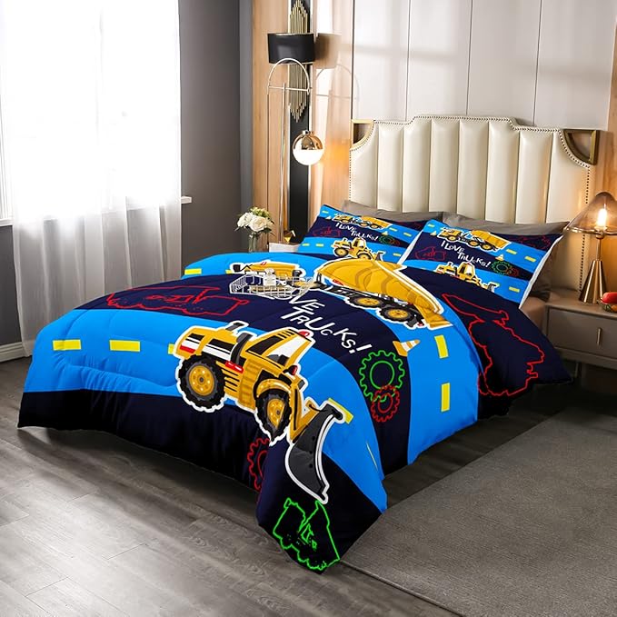 Truck Comforter Set Boys Twin Bedding Sets Kids Excavator Equipment Truck Down Comforter Construction Vehicle Quilt Duvet Set Cartoon Machinery Truck Gear Duvet Set Bulldozer Tractor Cars,Colorful - LeafyLoom