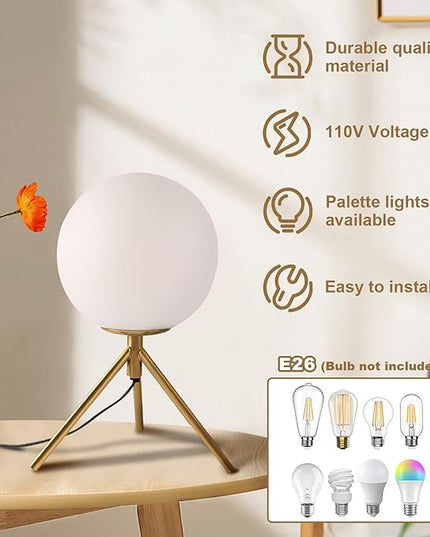 Mid century modern desk lamp with a golden base and white glass ball lampshade, suitable for 3 tone lighting in bedside bedrooms, living rooms, offices, libraries, and study rooms - LeafyLoom
