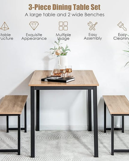 KOTEK Dining Table Set for 4, Modern Kitchen Table Set with 2 Benches, 3 Piece Dining Table and Bench Set for Small Space, 4-Person Dinette Set for Kitchen, Dining Room (Natural) - LeafyLoom