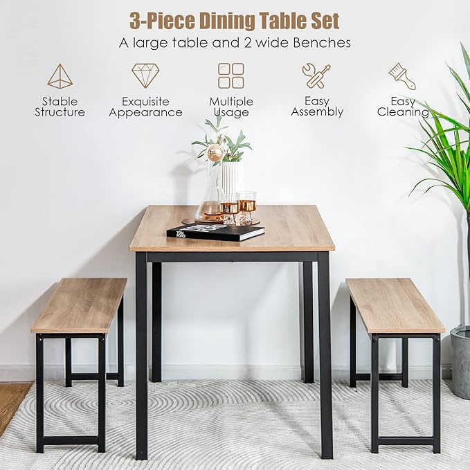 KOTEK Dining Table Set for 4, Modern Kitchen Table Set with 2 Benches, 3 Piece Dining Table and Bench Set for Small Space, 4-Person Dinette Set for Kitchen, Dining Room (Natural) - LeafyLoom