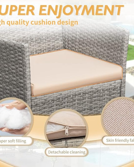 Greesum 3 Pieces Patio Furniture Sets Outdoor PE Rattan Wicker Chairs with Soft Cushion and Glass Coffee Table for Garden Backyard Porch Poolside, Gray and Beige - LeafyLoom